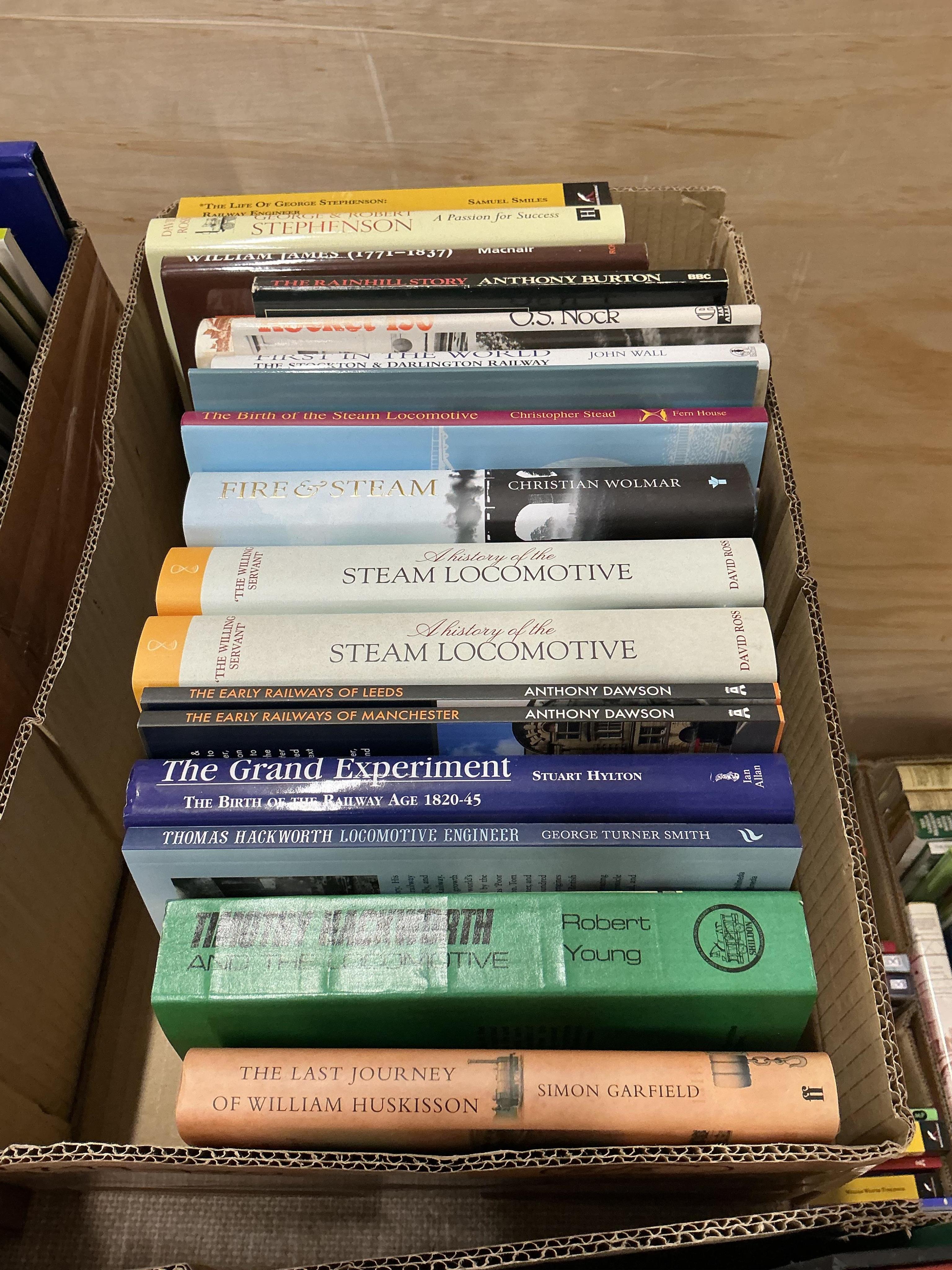 Three boxes of railway related books, subjects include; the Brighton Atlantics, the Modified Bulleid Pacifics, the Kent & East Sussex Railway, the Power of the Merchant Navies, the Early Railways of Leeds, George & Rober
